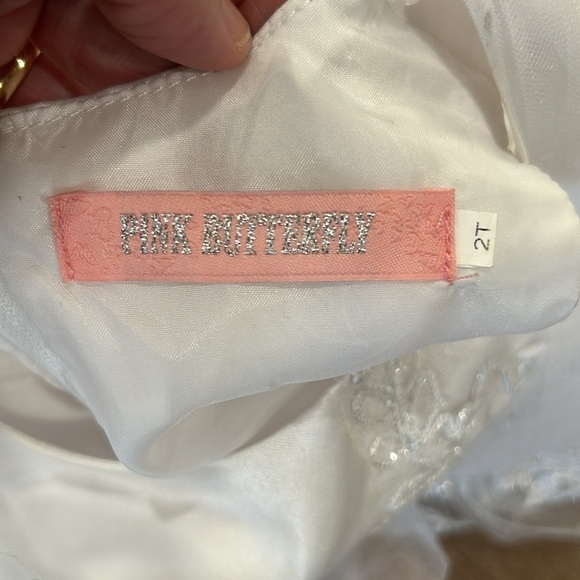 Pink butterfly asymmetrical girls white sparkle tulle floral design dress sz 2T - Picture 15 of 16